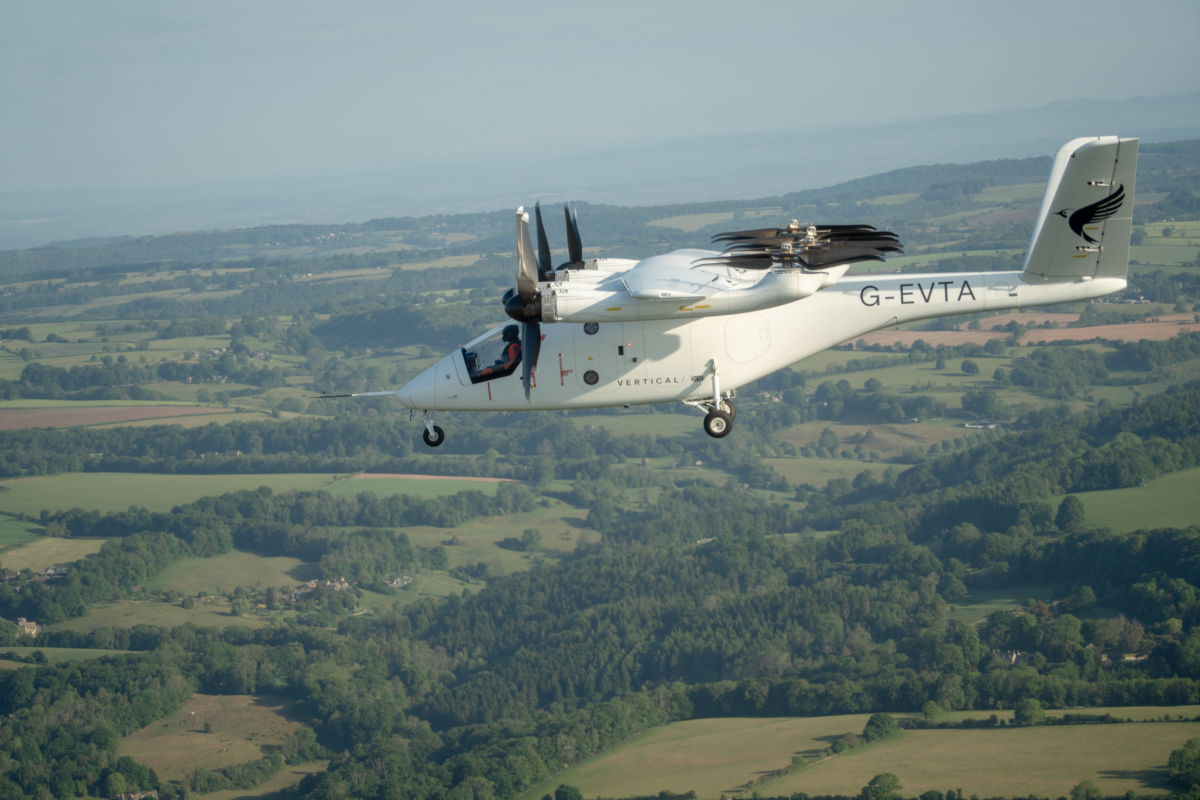 Vertical Aerospace VX4 in flight above Cotswold Airport test centre