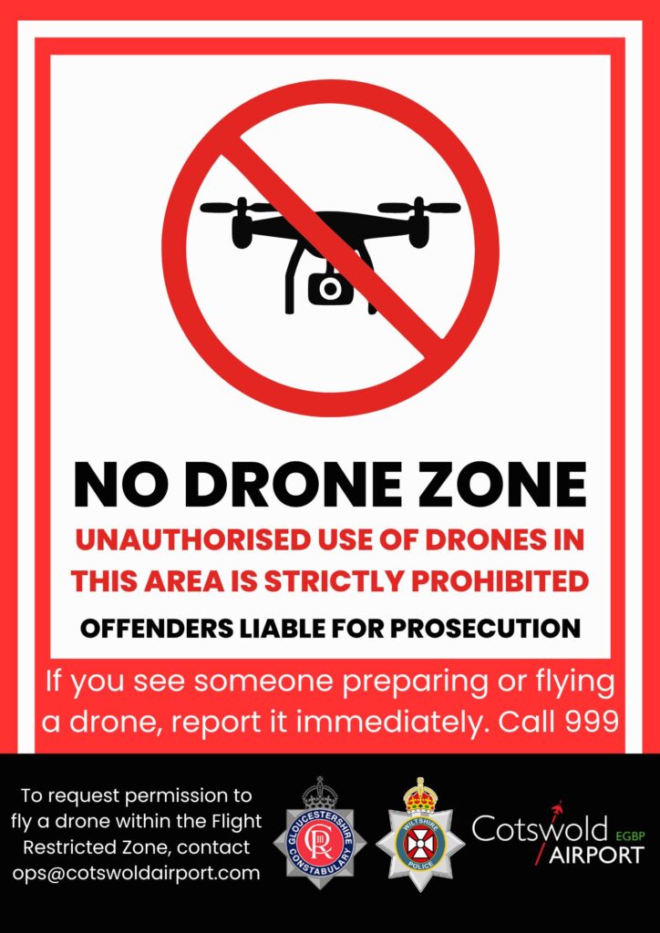 Cotswold Airport No Drone Zone signage